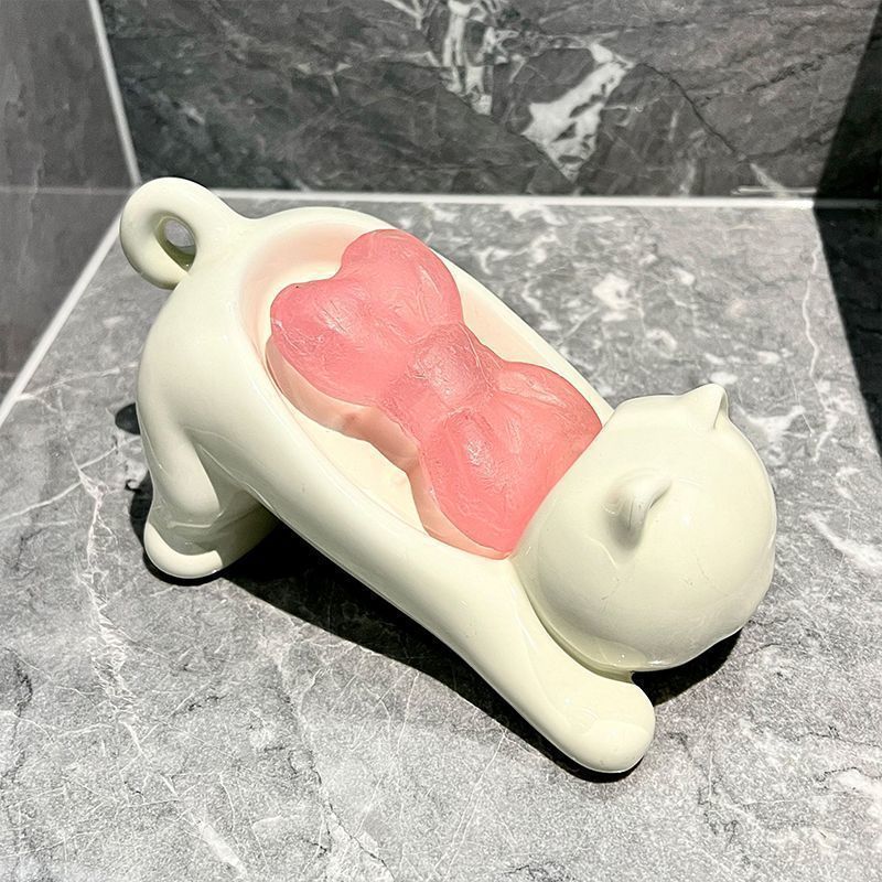 Glass Soap Dish - 귀여운 고양이 모양 배수 비누 홀더